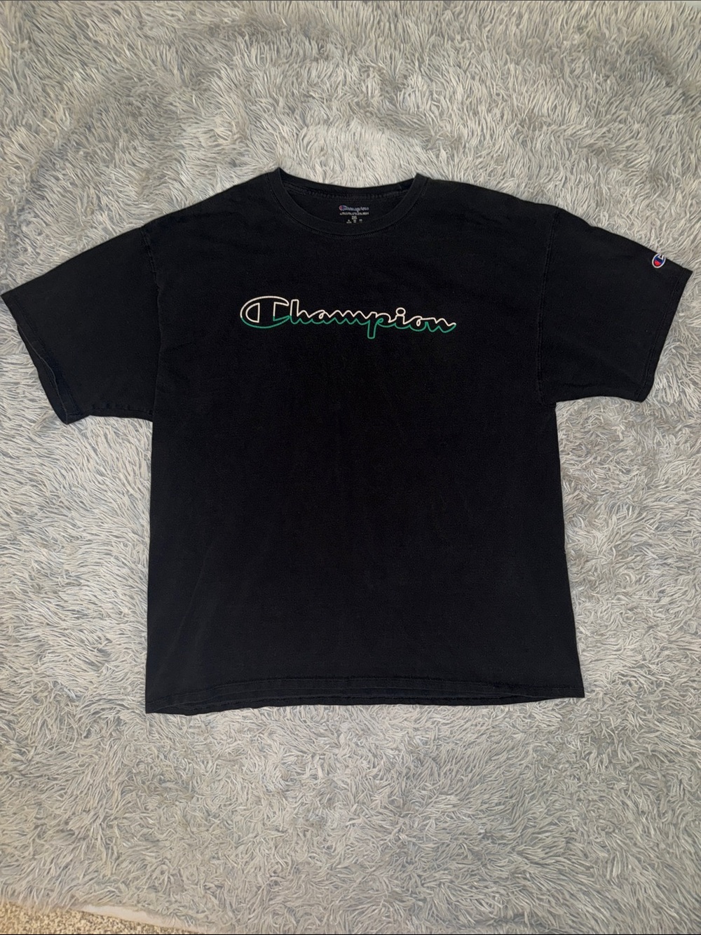 Champion Black Tee with Green-Outlined Script Logo